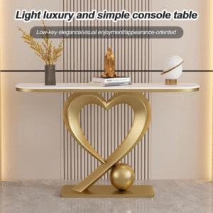 heart shape golden console table with white marble top – pvd stainless steel base