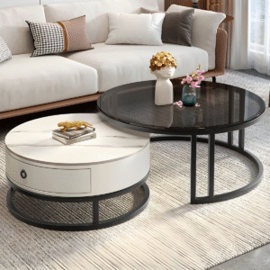 round nesting centre tables with marble, glass, wooden box & iron frame