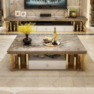 modern gold marble coffee table with stainless steel frame