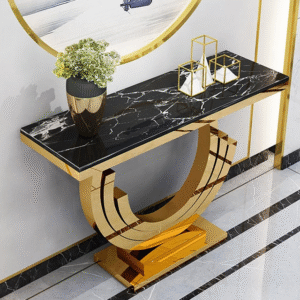 marble top crescent console table with stainless steel frame