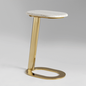 travique c shape peg table | travertine marble top | gold finished metal legs | luxury modern accent table