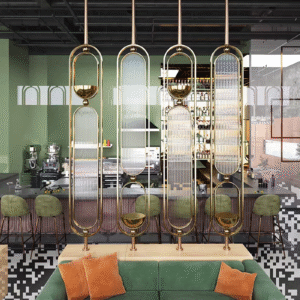 fluteaura modern interior decorative wall panel partition | fluted glass & stainless steel room divider | luxury living room partition