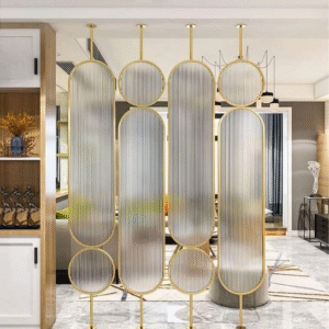 flutelux fluted glass partition | pvd plated stainless steel frame | set of 3 panels | luxury room divider