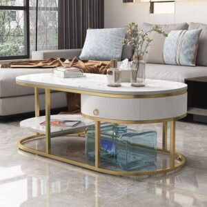2 tier coffee table with storage drawer – gold pvd finish & marble top