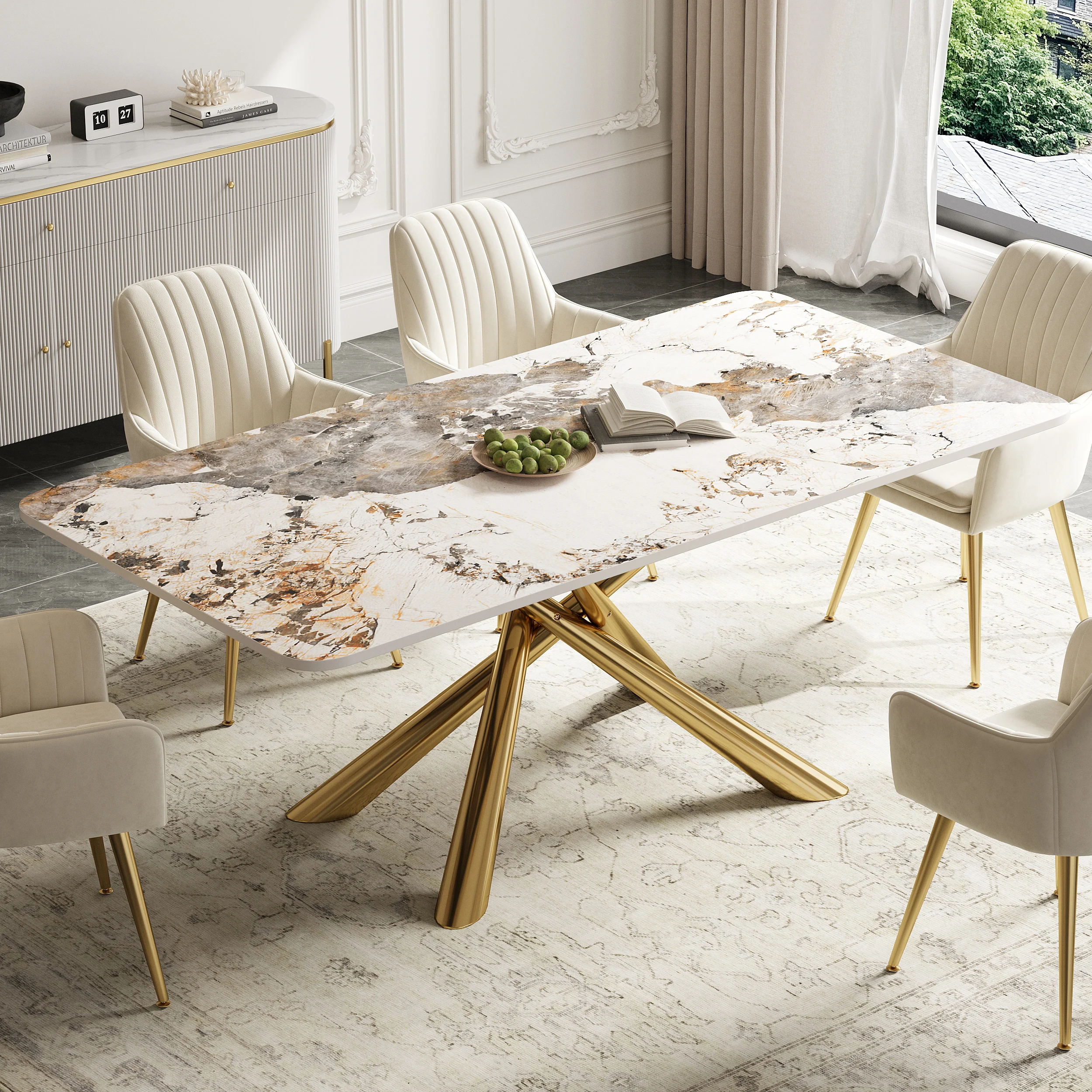 modern marble top dining table with gold stainless steel base